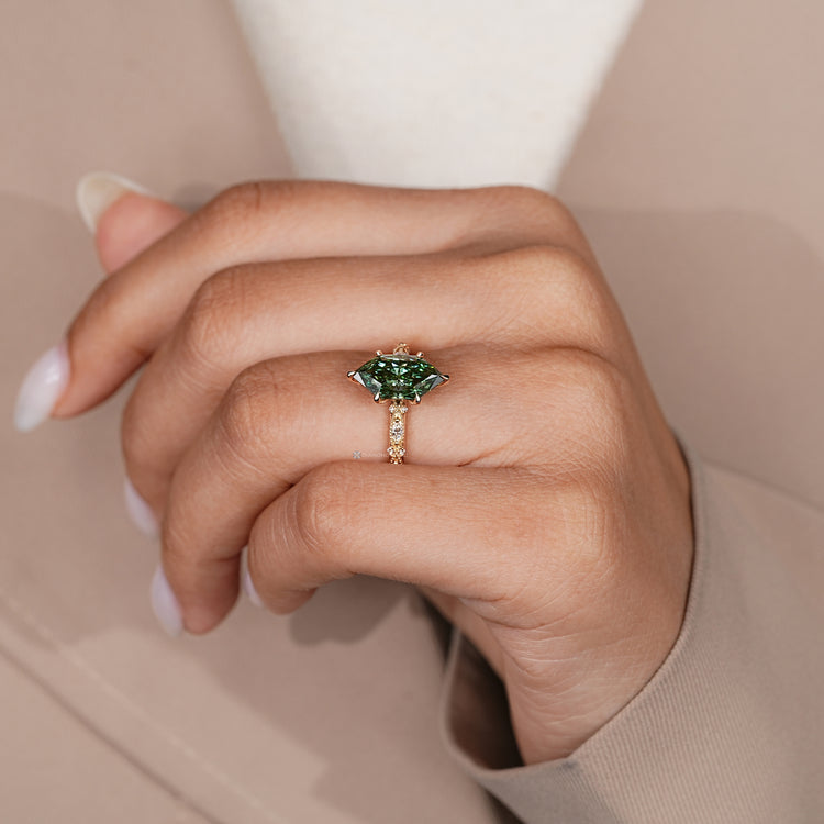 Green vintage style Dutch marquise diamond ring.
