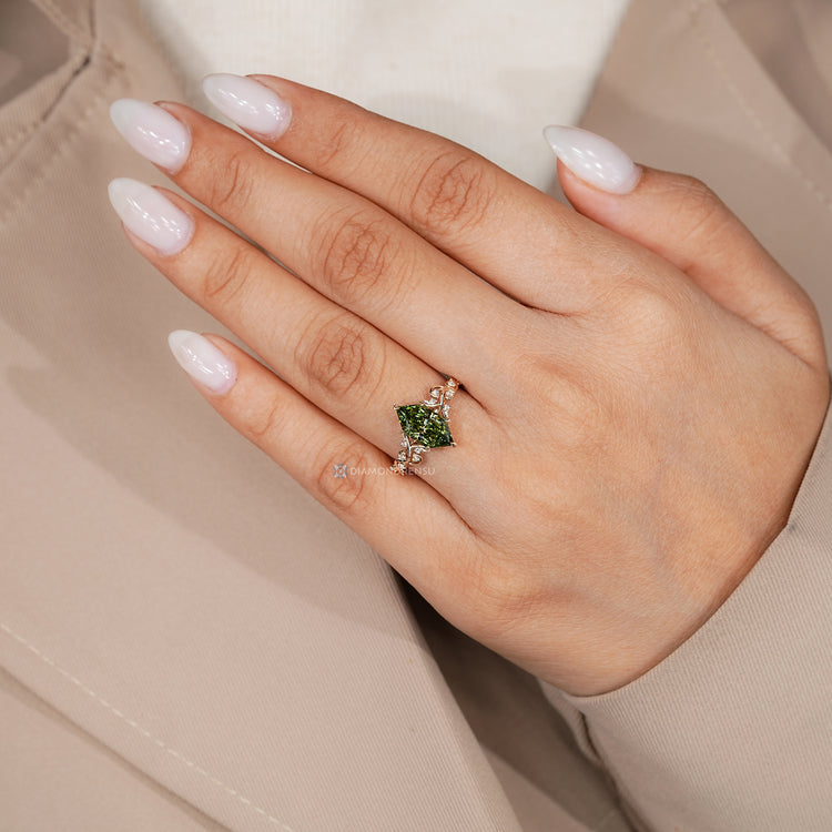 IGI certified lab grown green Dutch marquise engagement ring.