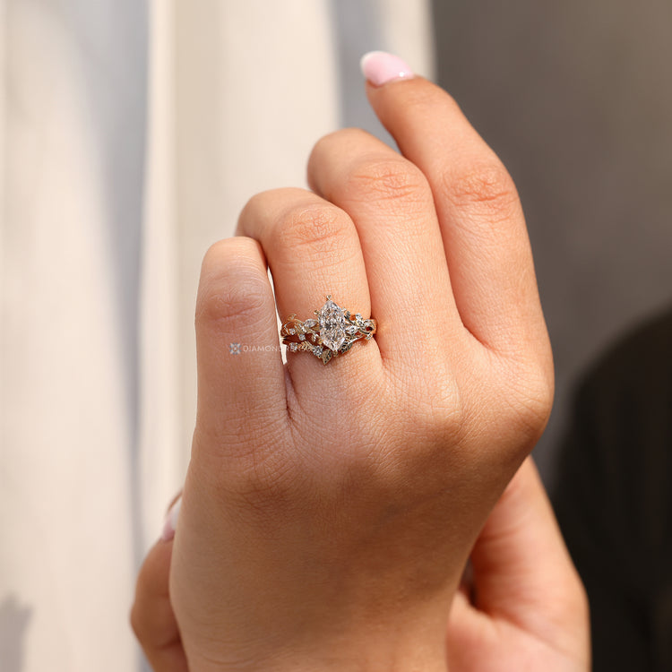 Dutch marquise ring with six leaf style prongs