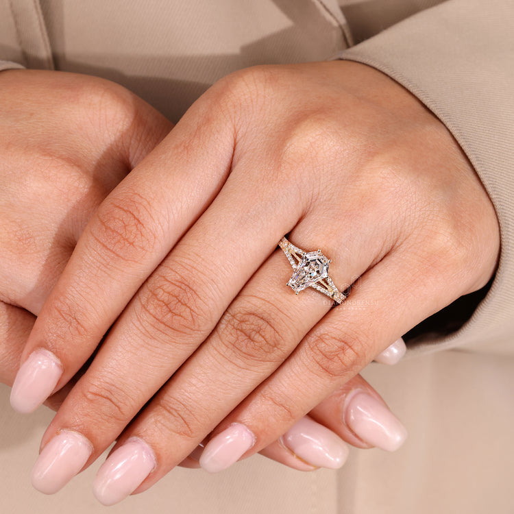 Lab grown diamond ring with coffin center and double pave rows.