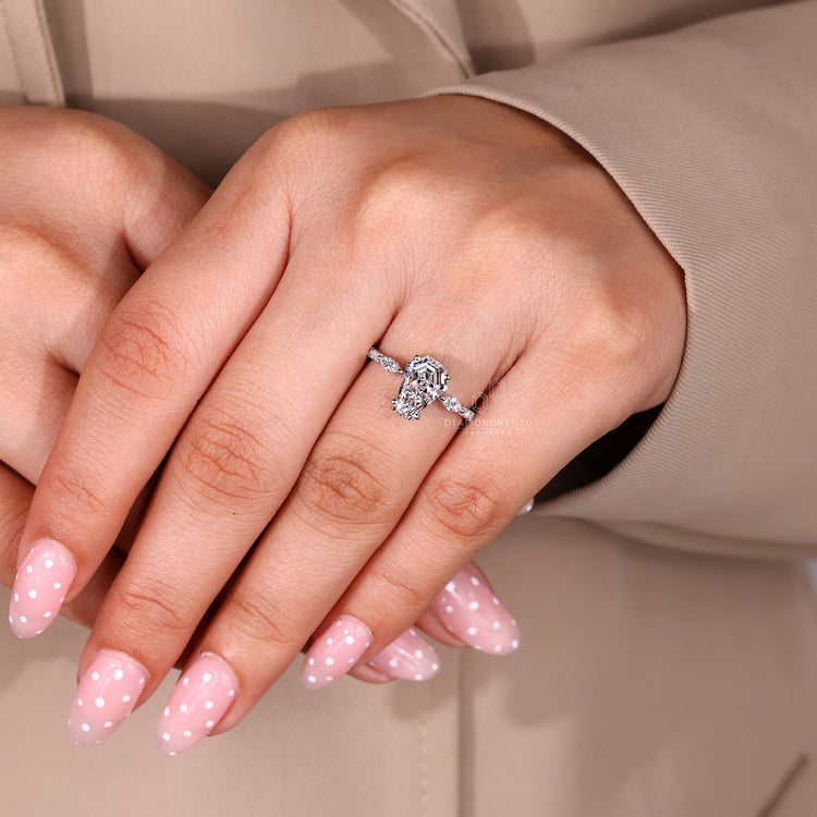 Lab grown diamond ring with coffin center and round pave details.