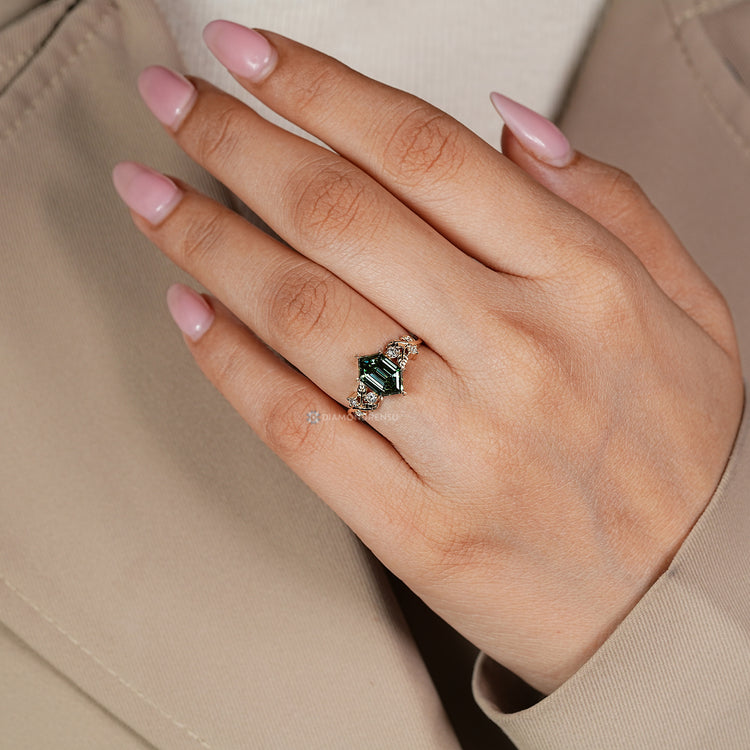 Nature inspired style pairs with the six leaf style prong setting.