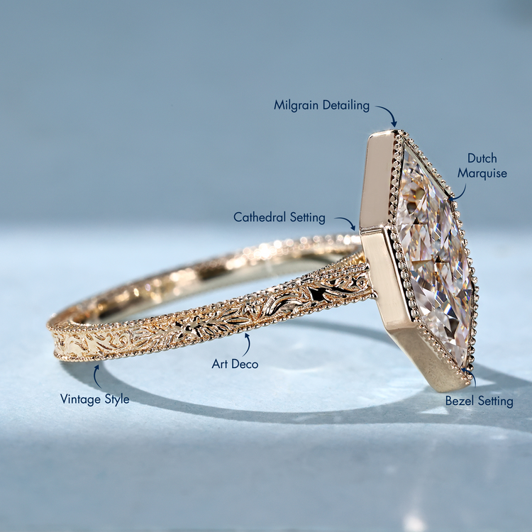 Bezel setting with Dutch marquise center stone and vintage style.