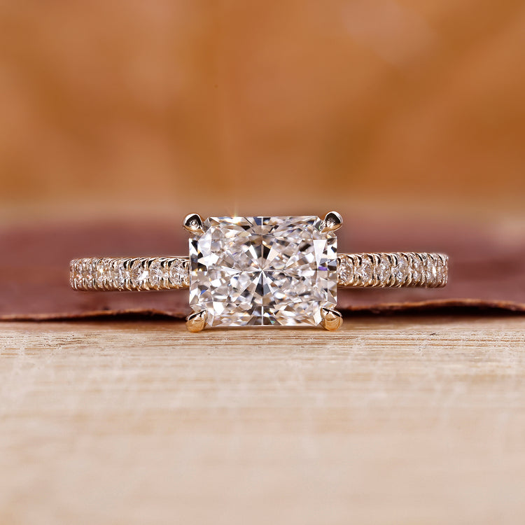 Radiant Cut Diamond Ring in a pave ring setting for a unique and stunning look.
