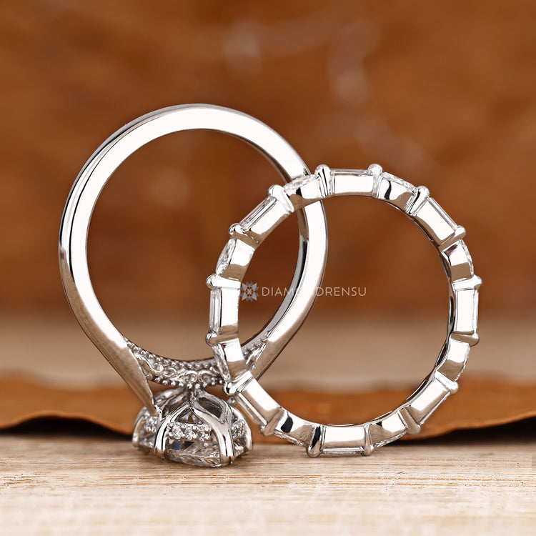 Lab grown marquise ring with six leaf prongs.