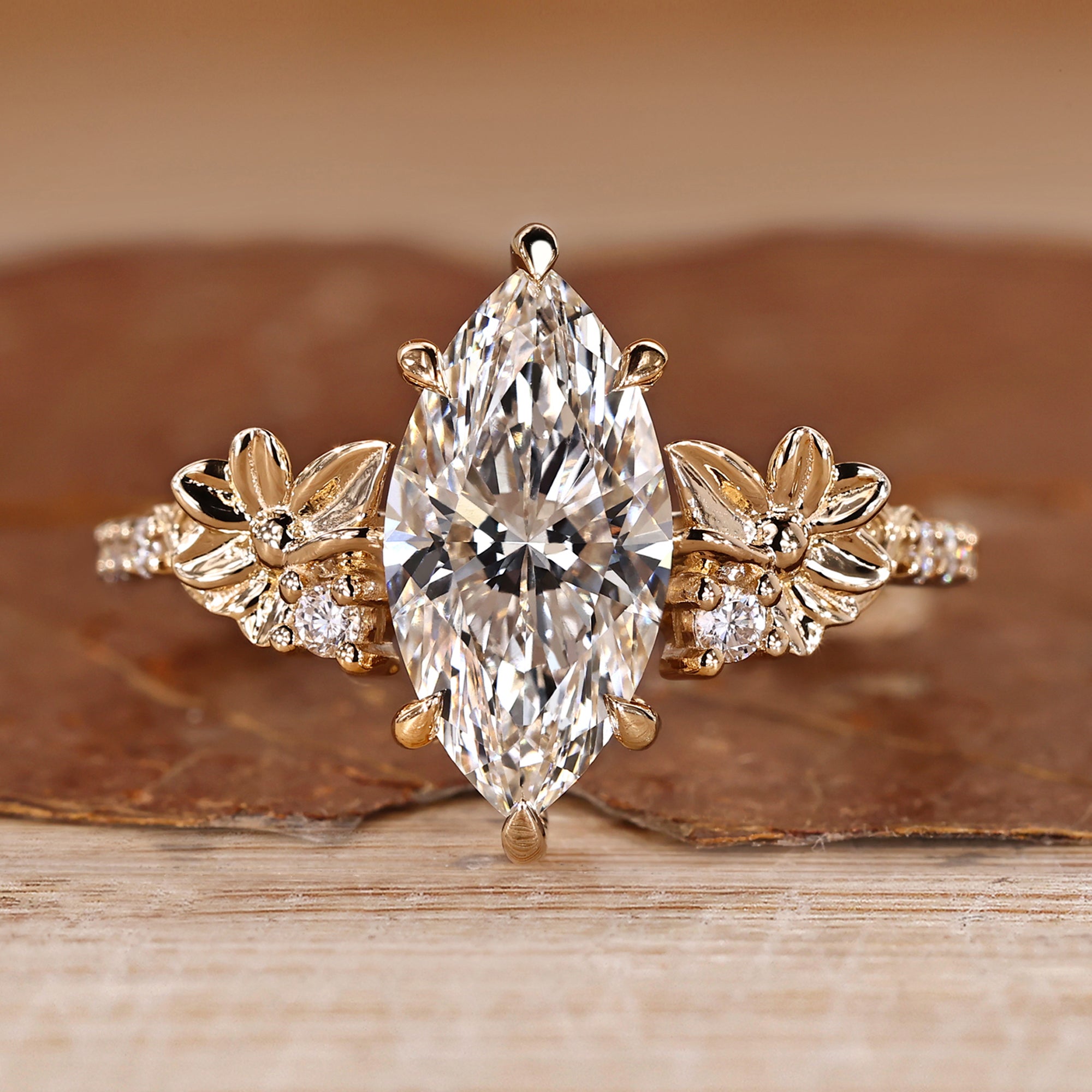 Nature Inspired Marquise Cut Engagement Ring with Flower Design