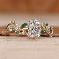 Radiant center stone with marquise and round side stones.