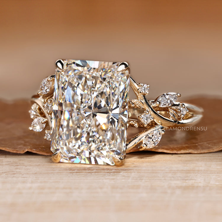 Handmade radiant cut ring with hidden round diamonds.