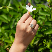Tulip setting radiant diamond ring with milgrain details.