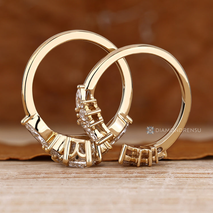 Nature inspired wedding ring with marquise and round stones.