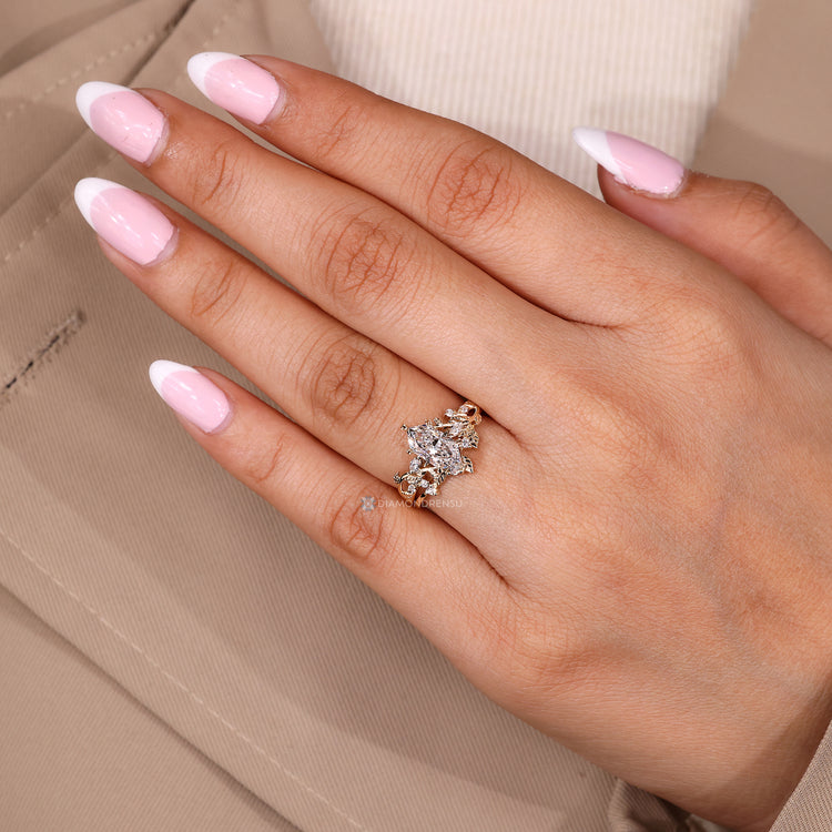 Nature inspired cluster ring with Dutch marquise diamond