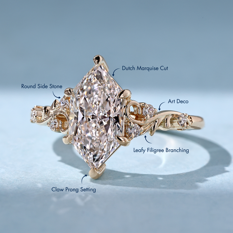 Fantasy ring with Dutch marquise center diamond and round sides.