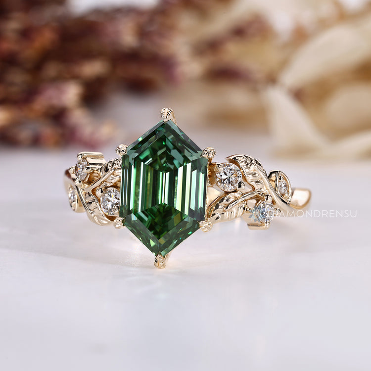Lab grown diamond forms the center of this hexagon diamond ring.