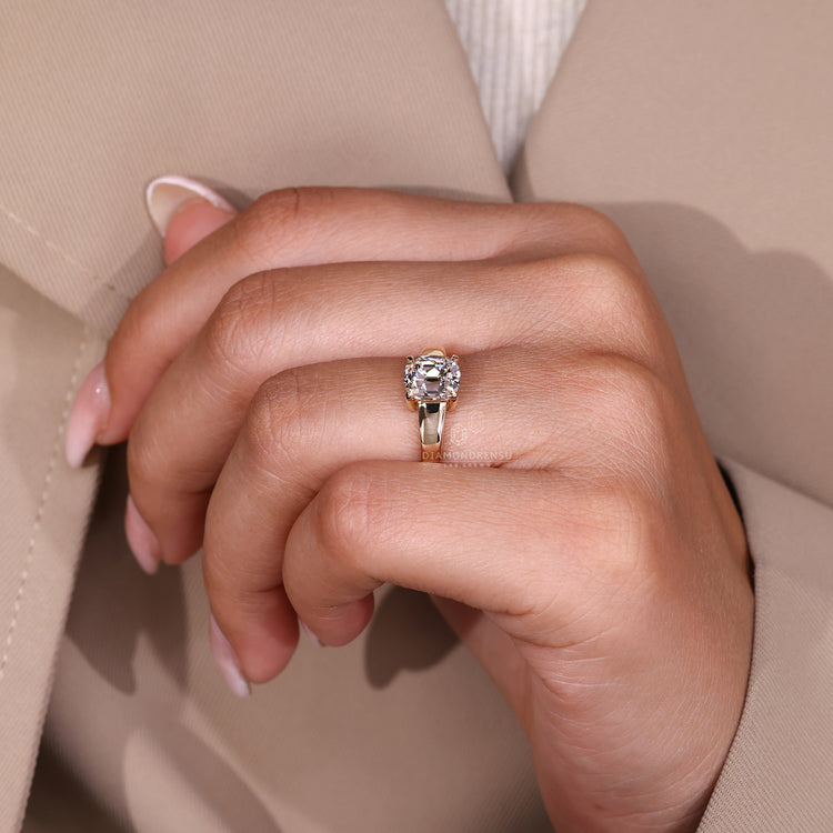 Tapered Shank Solitaire Ring With Cushion Old Mine Diamond.
