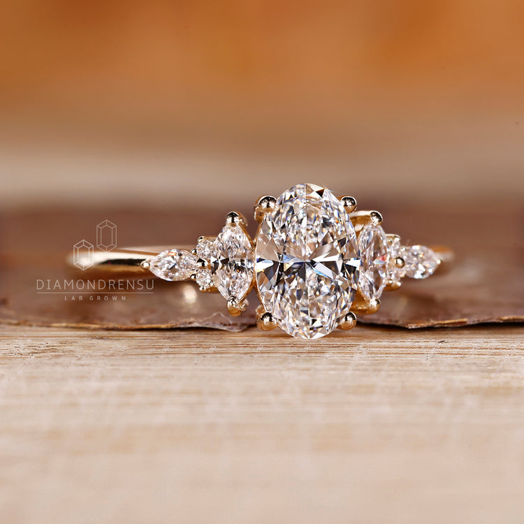 Oval shaped ring with secure four prong diamond setting.