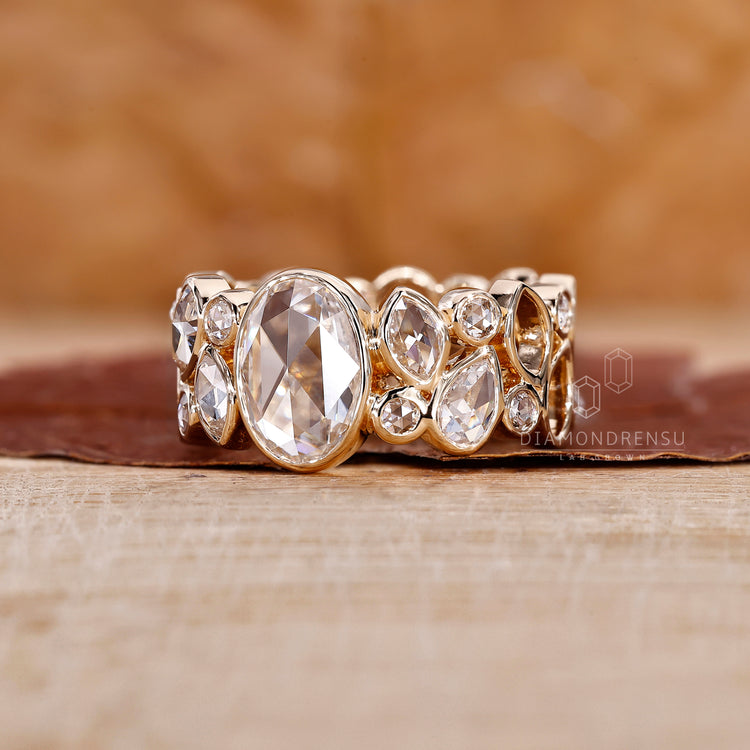Marquise rose cut diamond ring set in stunning band.
