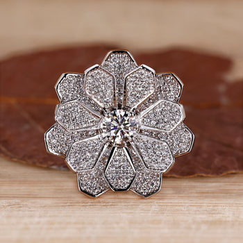 Cluster engagement ring featuring round diamonds in white gold setting.
