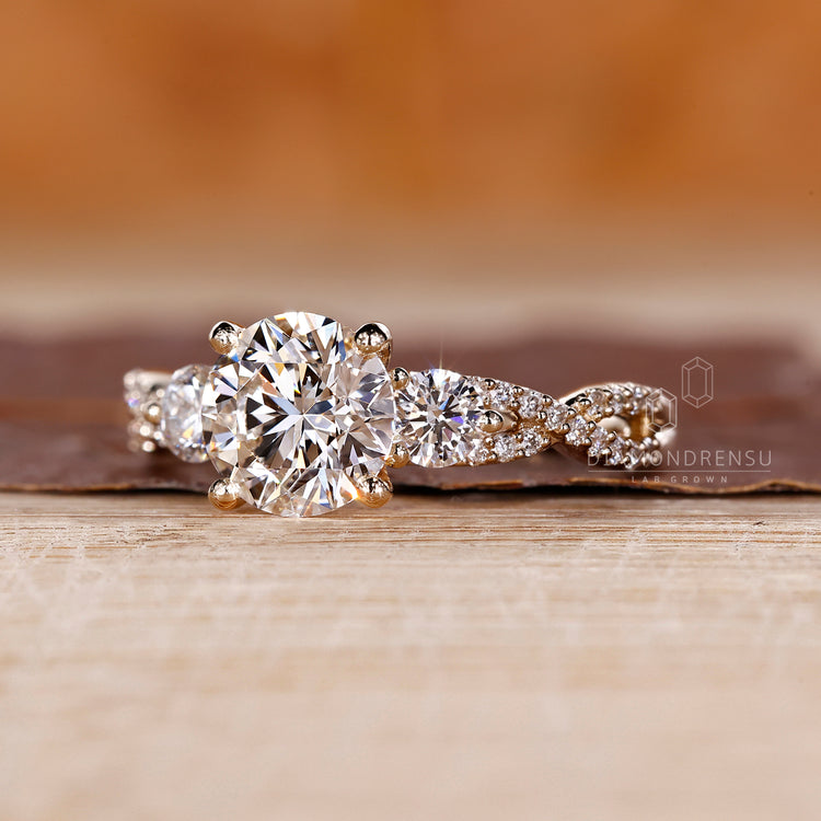Twisted shank round cut engagement ring with pave setting handmade.
