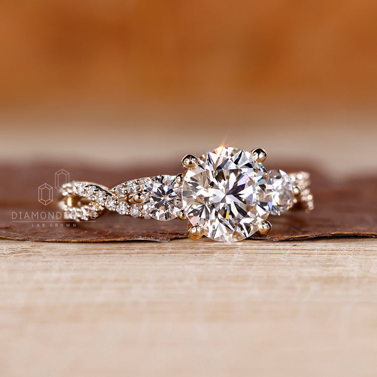 Handmade round cut engagement ring with twisted shank Diamondrensu.
