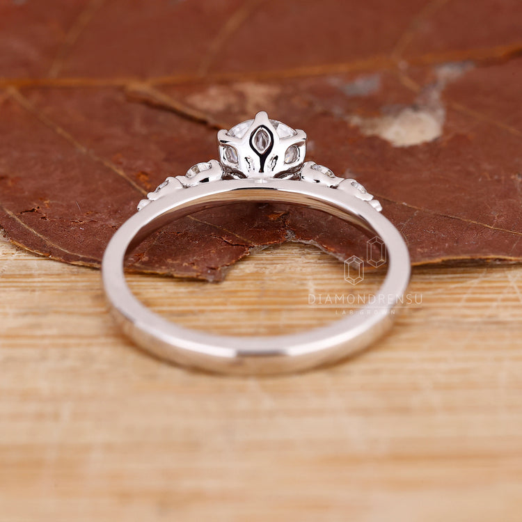Handmade jewelry with white gold engagement ring, 5 diamond ring, and 6 round prong setting featuring lab grown diamond.
