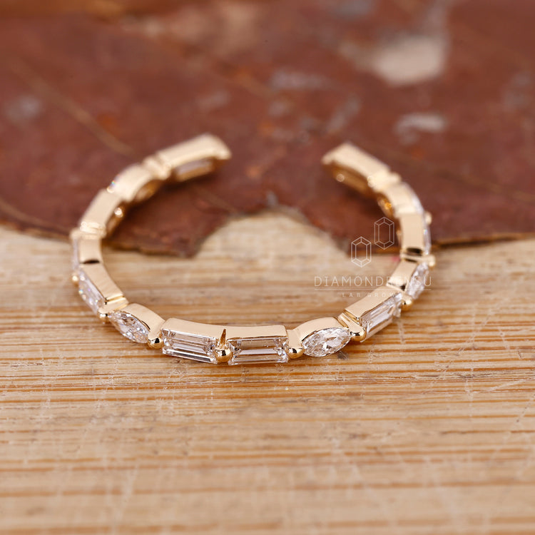 Diamondrensu wedding band crafted from lab grown stones.
