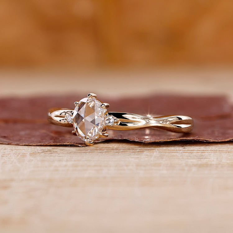 Oval Rose Cut Engagement Ring featuring a soft, romantic design.

