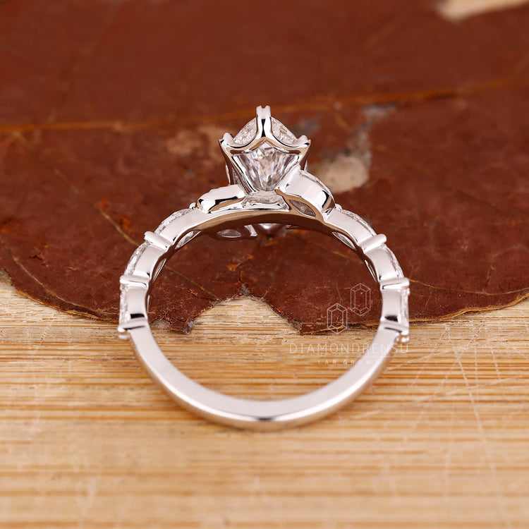 Lab Grown Diamond marquise cut ring with nature inspired detailing.
