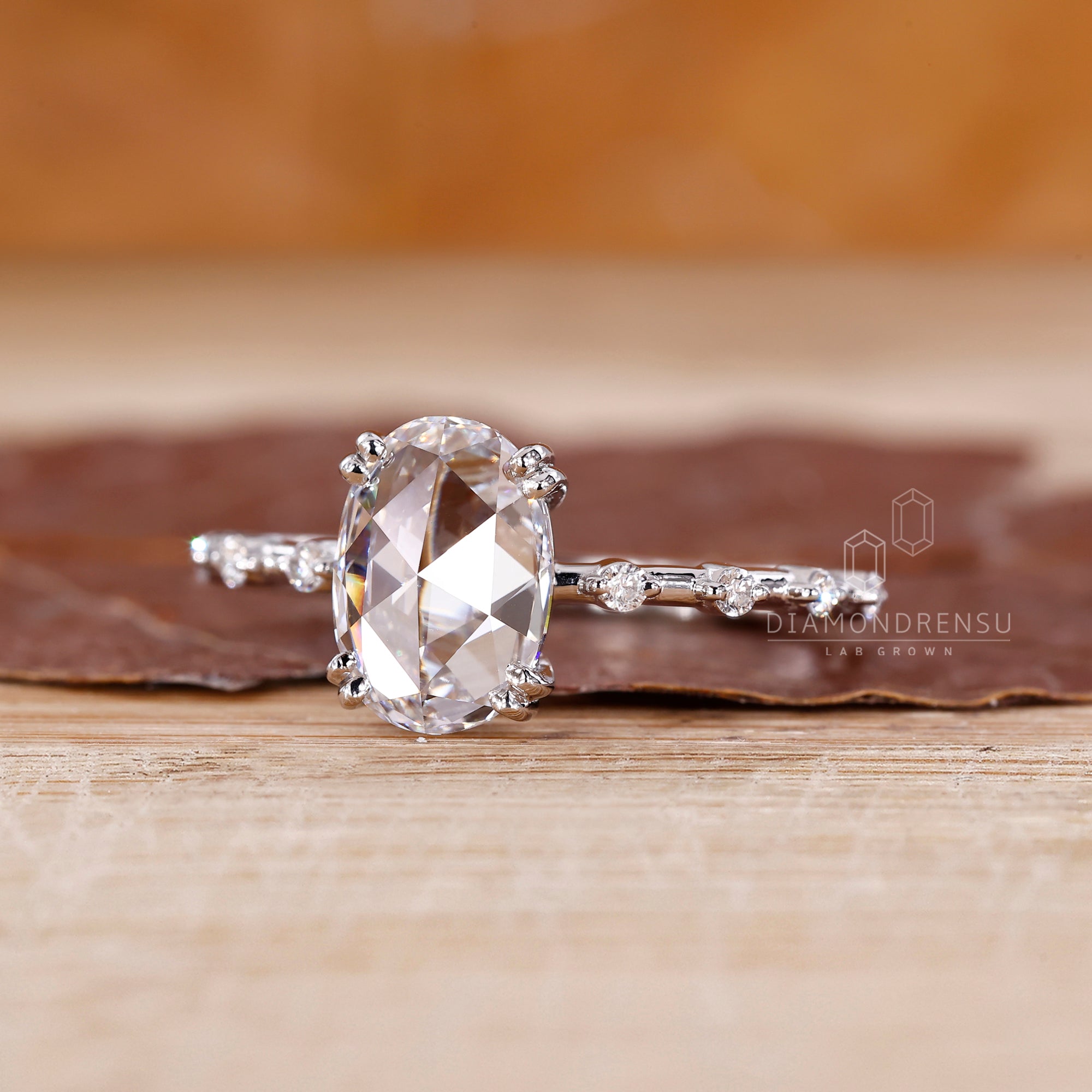 Oval Rose Cut Diamond Ring in Distance Pave Setting | Diamondrensu