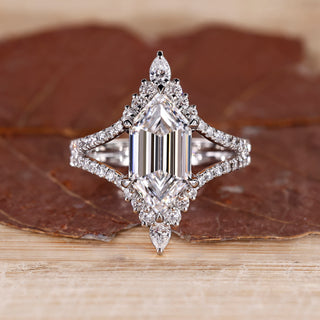 Elongated hexagon engagement ring with double curved band vintage style.
