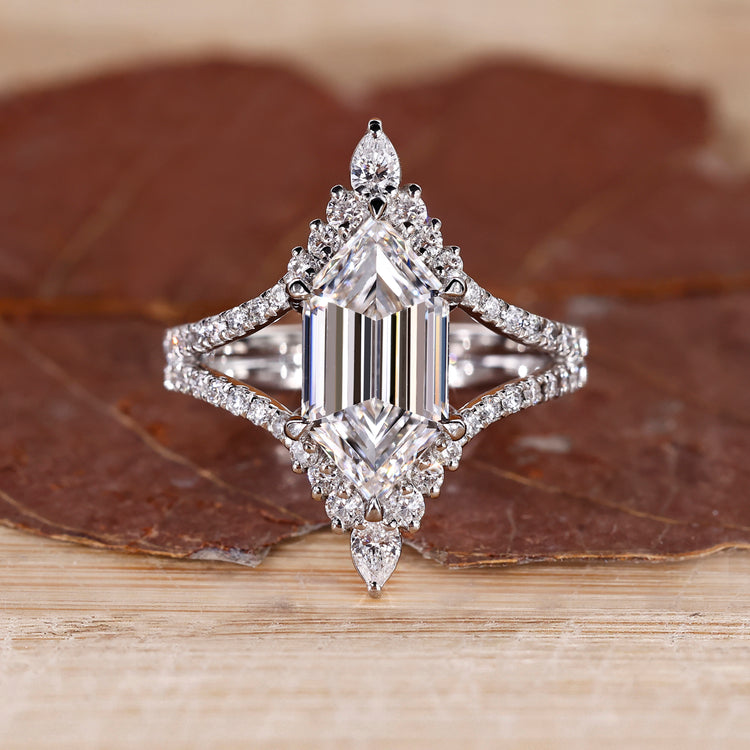 Elongated hexagon engagement ring with double curved band vintage style.

