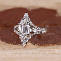 Vintage elongated hexagon engagement ring handmade by Diamondrensu.
