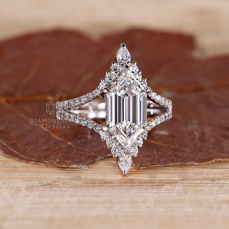 6 claw prong setting on elongated hexagon engagement ring handmade.
