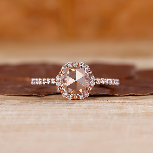 Round Rose Cut Ring In Halo Pave Setting | Diamondrensu