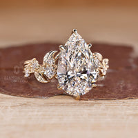 Pear cut diamond ring in six claw prong setting.
