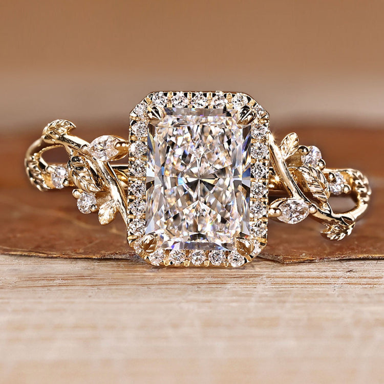 Radiant cut engagement ring with nature inspired style and halo design.