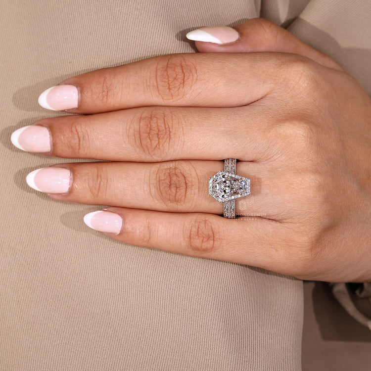 Coffin cut ring with double band and milgrain engraved shank.