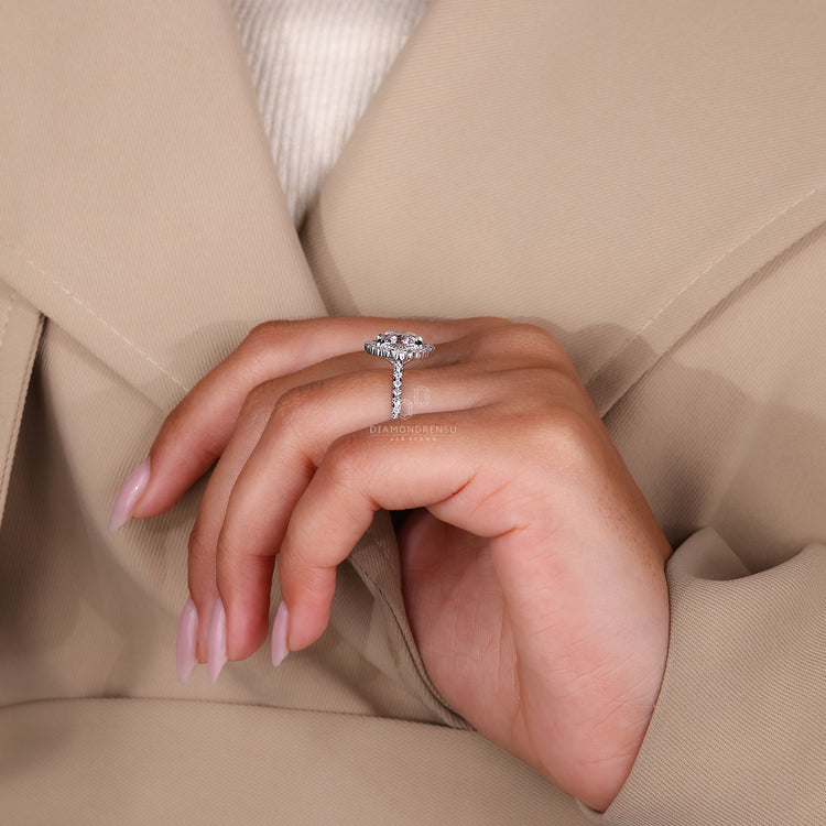 Lab grown cushion old mine diamond with round pave band design.
