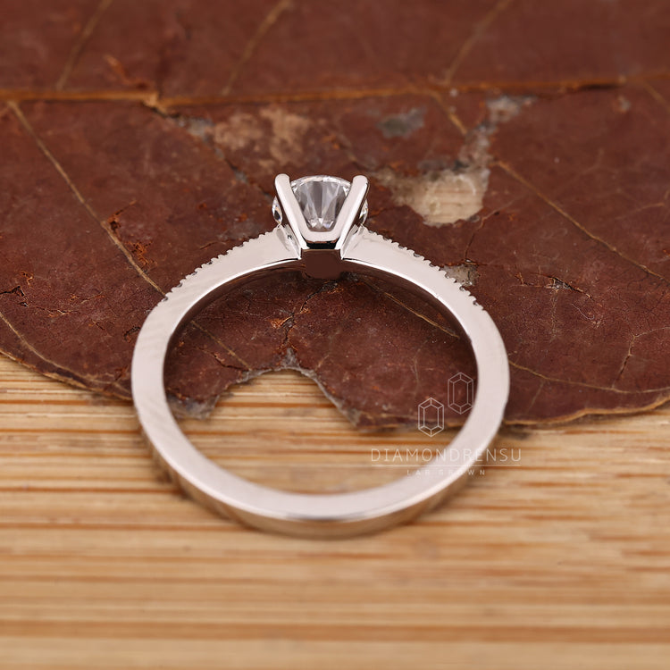 Four prong round diamond ring with round cut pave setting.