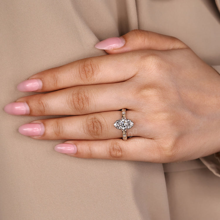 Handmade Marquise Diamond Ring with Lab Grown Diamond and four claw prong.
