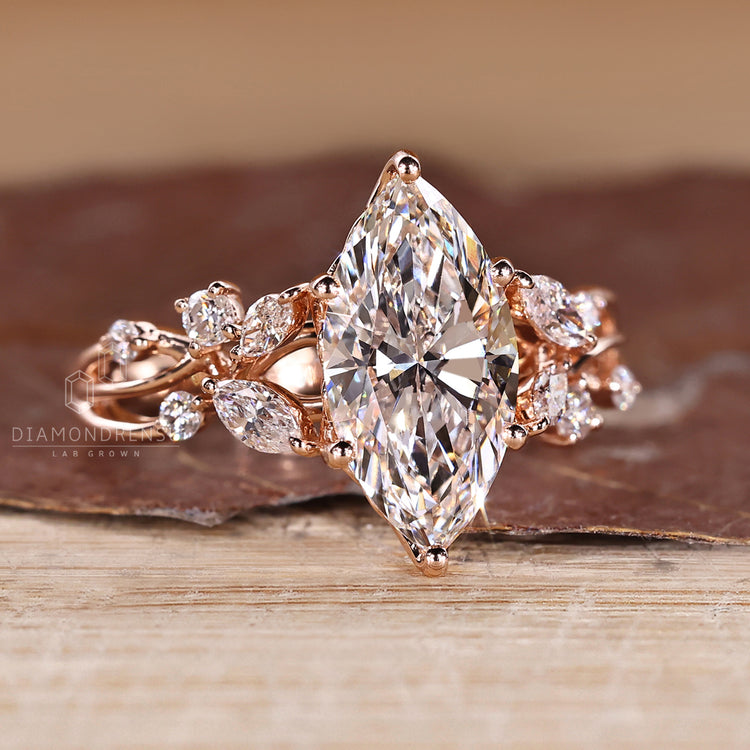 IGI certified marquise diamond ring with cathedral setting.
