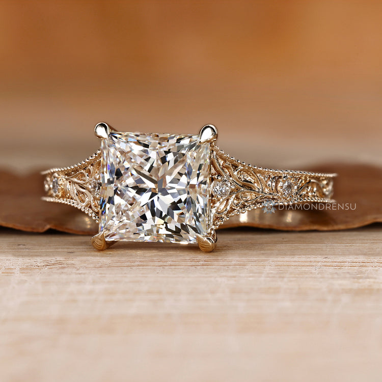 Art Deco engagement ring with a four claw prong setting.