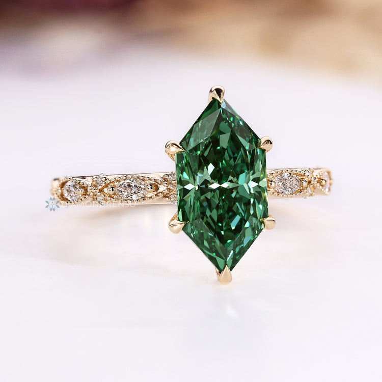 Green lab grown Dutch marquise diamond ring.