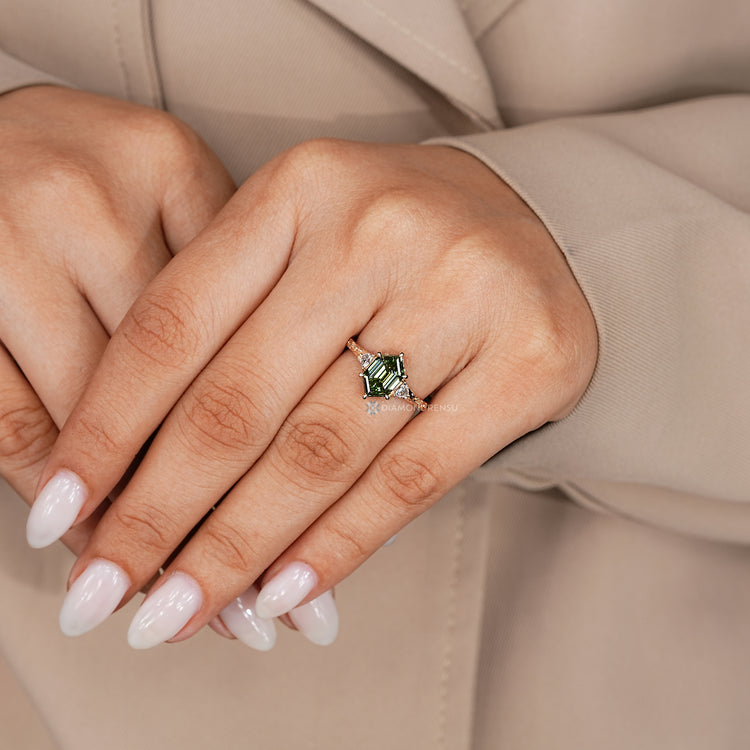 Nature inspired green hexagon shape diamond ring.