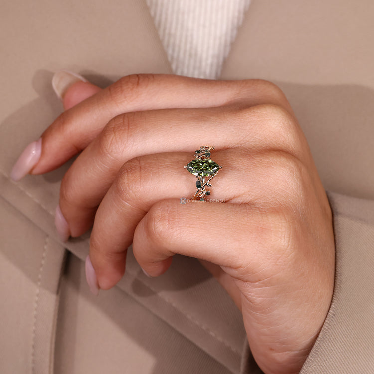 Green marquise ring with marquise and round Moss Agate.