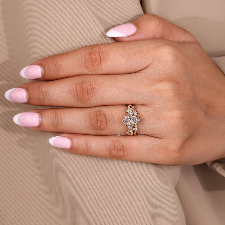 Dutch marquise bridal ring with six leaf prong setting