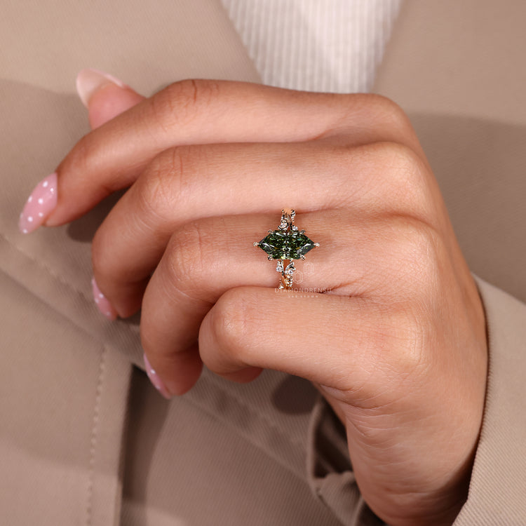 Dutch marquise engagement ring with Art Deco design and leaf prongs.