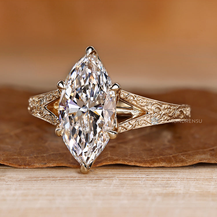 Cathedral setting on an Art Deco Engagement Ring with marquise.