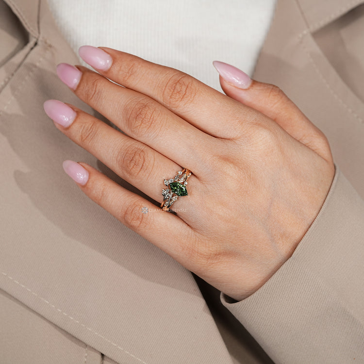 Nature inspired green Dutch marquise bridal set.