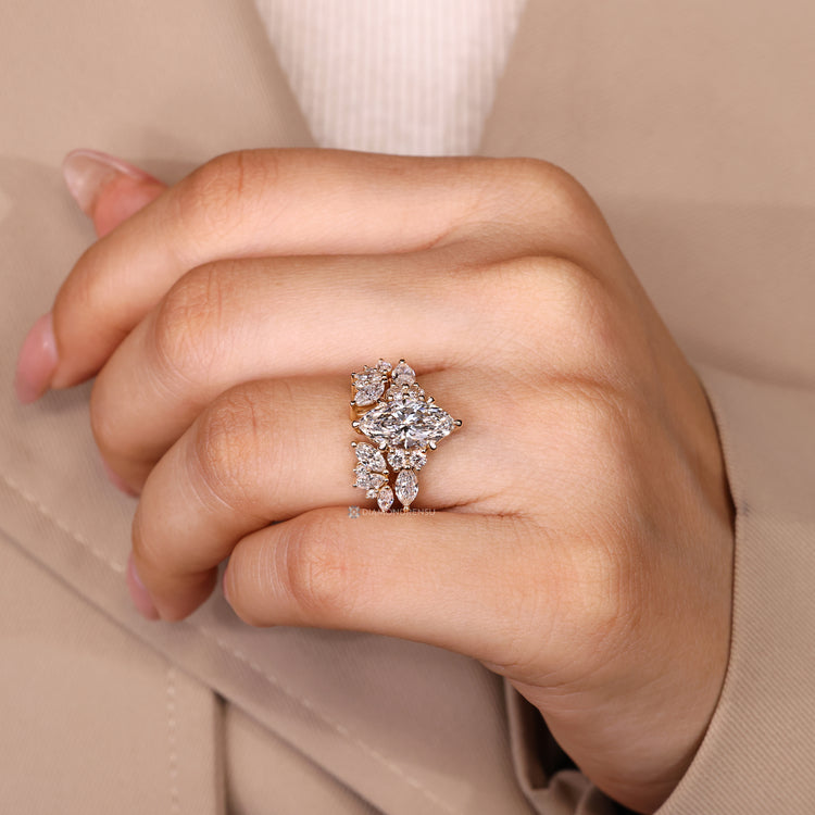 Stackable marquise wedding ring with tapered shank.