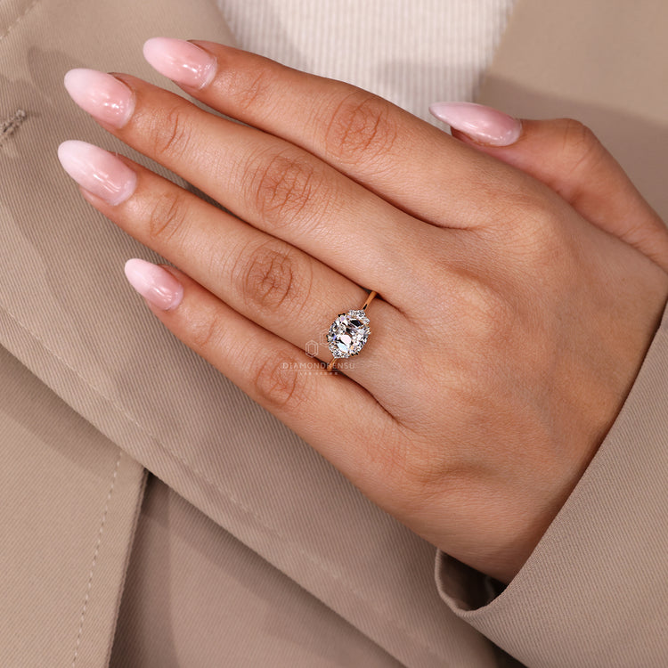 Handmade old mine cut diamond ring with refined tapered shank.
